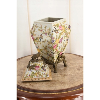 Porcelanowa Amfora - Puchar Waza - Porcelana + Brąz - Ptaszek