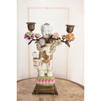 Świecznik z Brązu Postaciowy + Porcelana - Chińczyk - Mocna Rzeźba