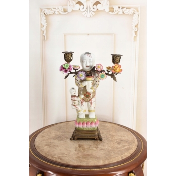 Świecznik z Brązu Postaciowy + Porcelana - Chińczyk - Mocna Rzeźba