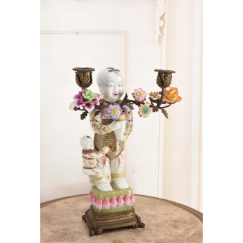 Świecznik z Brązu Postaciowy + Porcelana - Chińczyk - Mocna Rzeźba