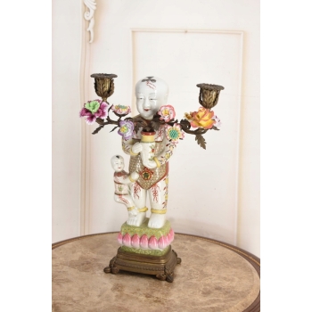 Świecznik z Brązu Postaciowy + Porcelana - Chińczyk - Mocna Rzeźba