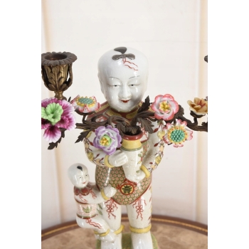 Świecznik z Brązu Postaciowy + Porcelana - Chińczyk - Mocna Rzeźba