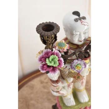 Świecznik z Brązu Postaciowy + Porcelana - Chińczyk - Mocna Rzeźba