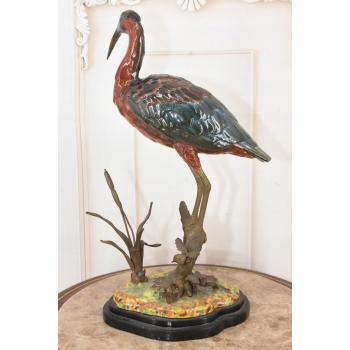 Porcelanowa CZapla na Gałęzi - Malowana Porcelana Okuta Brązem