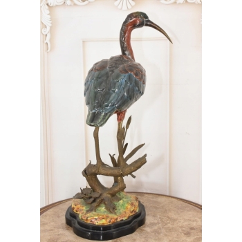 Porcelanowa CZapla na Gałęzi - Malowana Porcelana Okuta Brązem