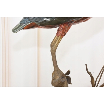 Porcelanowa CZapla na Gałęzi - Malowana Porcelana Okuta Brązem