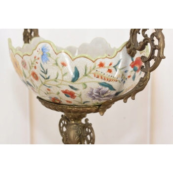 Antyczna Patera Owocnik - Porcelana + Brąz - Kwiaty