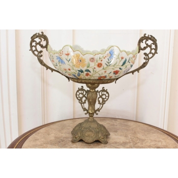 Antyczna Patera Owocnik - Porcelana + Brąz - Kwiaty