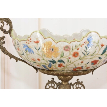 Antyczna Patera Owocnik - Porcelana + Brąz - Kwiaty