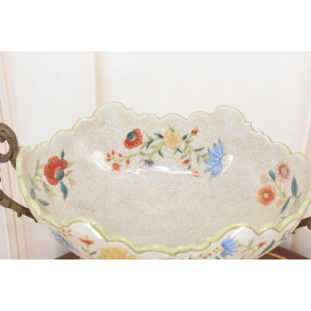 Antyczna Patera Owocnik - Porcelana + Brąz - Kwiaty