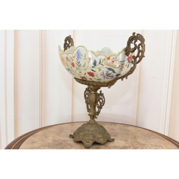 Antyczna Patera Owocnik - Porcelana + Brąz - Kwiaty