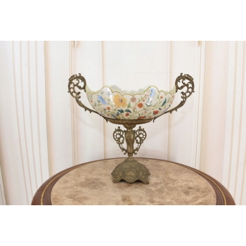 Antyczna Patera Owocnik - Porcelana + Brąz - Kwiaty