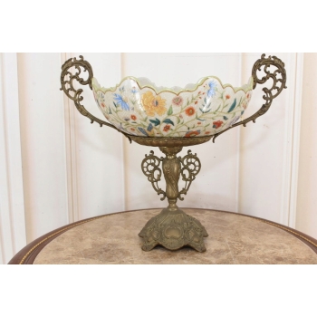 Antyczna Patera Owocnik - Porcelana + Brąz - Kwiaty