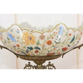 Antyczna Patera Owocnik - Porcelana + Brąz - Kwiaty