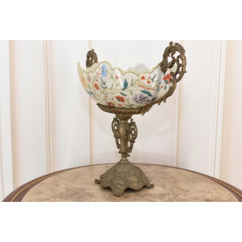 Antyczna Patera Owocnik - Porcelana + Brąz - Kwiaty