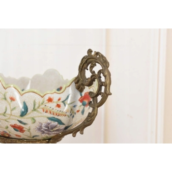 Antyczna Patera Owocnik - Porcelana + Brąz - Kwiaty