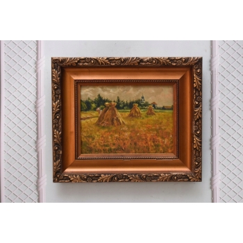 Jan Stanisławski - Pejzaż Polskiej Wsi Sianokosy - Stary Obraz na Drewnie