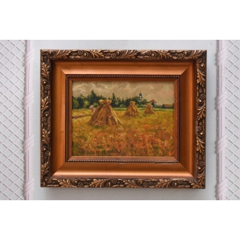 Jan Stanisławski - Pejzaż Polskiej Wsi Sianokosy - Stary Obraz na Drewnie