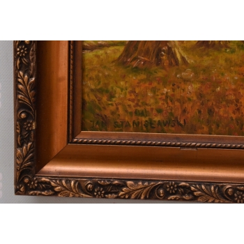 Jan Stanisławski - Pejzaż Polskiej Wsi Sianokosy - Stary Obraz na Drewnie