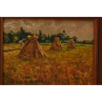 Jan Stanisławski - Pejzaż Polskiej Wsi Sianokosy - Stary Obraz na Drewnie