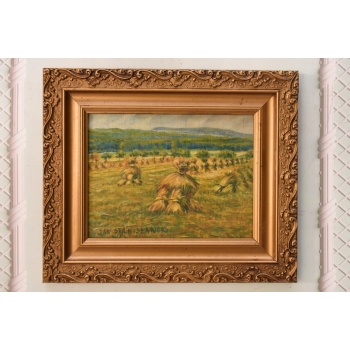 Jan Stanisławski - Pejzaż Polskiej Wsi Sianokosy - Stary Obraz na Drewnie