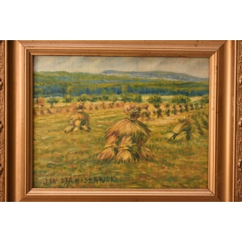 Jan Stanisławski - Pejzaż Polskiej Wsi Sianokosy - Stary Obraz na Drewnie