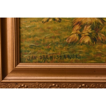 Jan Stanisławski - Pejzaż Polskiej Wsi Sianokosy - Stary Obraz na Drewnie