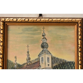 Nikifor Krynicki - Pejzaż - KRYNICA ZDRÓJ - Stary Obraz - Akwarela Ołówek