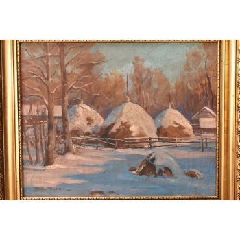 St. Filipkiewicz - Chaty w Zimowej Szacie Zima - Kresy - Stary Obraz