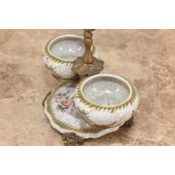 Patera Podwójna Owocnik - Porcelana + Brąz Malowana Sygnowana - Kwiaty