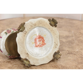 Patera Podwójna Owocnik - Porcelana + Brąz Malowana Sygnowana - Kwiaty