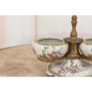 Patera Podwójna Owocnik - Porcelana + Brąz Malowana Sygnowana - Kwiaty