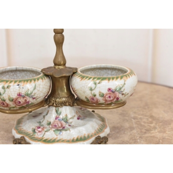 Patera Podwójna Owocnik - Porcelana + Brąz Malowana Sygnowana - Kwiaty