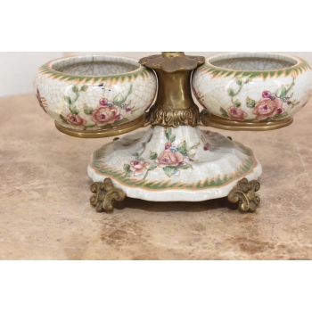 Patera Podwójna Owocnik - Porcelana + Brąz Malowana Sygnowana - Kwiaty