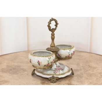 Patera Podwójna Owocnik - Porcelana + Brąz Malowana Sygnowana - Kwiaty