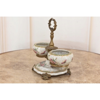 Patera Podwójna Owocnik - Porcelana + Brąz Malowana Sygnowana - Kwiaty