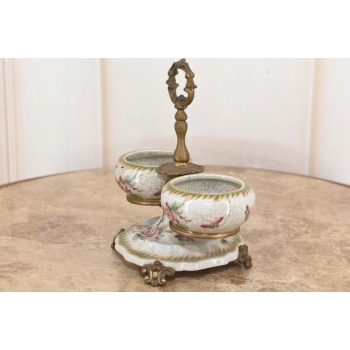 Patera Podwójna Owocnik - Porcelana + Brąz Malowana Sygnowana - Kwiaty