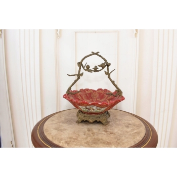 Czerwona Patera Owocnik - Porcelana + Brąz - Ptaszki