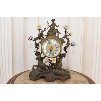 Zegar Kominkowy Stojący Porcelana + Brąz Skrzydlate Lwy - Sygnowany