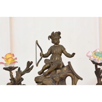 Zegar Kominkowy Stojący Porcelana + Brąz Skrzydlate Lwy - Sygnowany