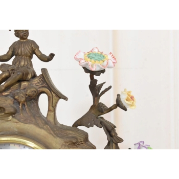 Zegar Kominkowy Stojący Porcelana + Brąz Skrzydlate Lwy - Sygnowany