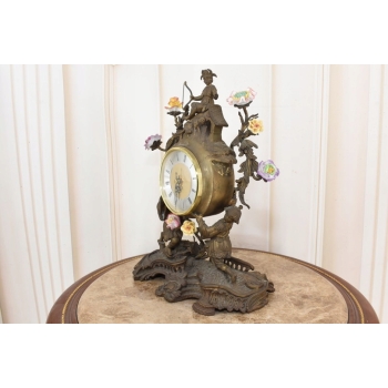 Zegar Kominkowy Stojący Porcelana + Brąz Skrzydlate Lwy - Sygnowany