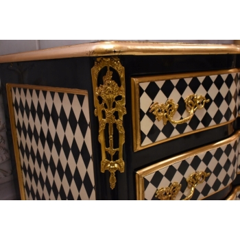 Królewska Biało Czarna Komoda - Vintage Szafa - Romby - Złote Okucia