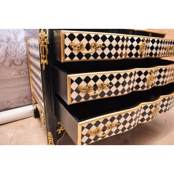 Królewska Biało Czarna Komoda - Vintage Szafa - Romby - Złote Okucia