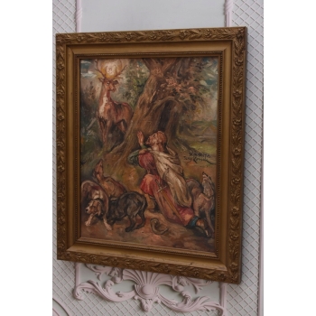 JERZY KOSSAK - Św. Hubert - Patron Myśliwych - Piękny Stary Obraz