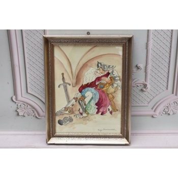 Maja Berezowska - Pocałunek z Rycerzem - Akwarela I Tusz Na Papierze Obraz