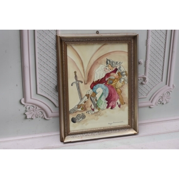 Maja Berezowska - Pocałunek z Rycerzem - Akwarela I Tusz Na Papierze Obraz