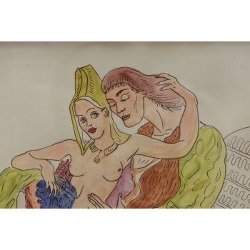 Maja Berezowska - Zakochani w Łożu - Akt Akwarela I Tusz Na Papierze Obraz