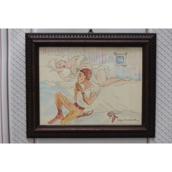 Maja Berezowska - Zakochani w Sypialni - Akwarela I Tusz Na Papierze Obraz