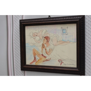 Maja Berezowska - Zakochani w Sypialni - Akwarela I Tusz Na Papierze Obraz